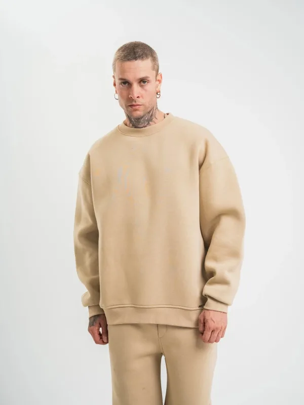 Férfi Bézs Hosszú Ujjú Kerékpárnyakú 3 Szálas Pamut Vastag Sweatshirt 1