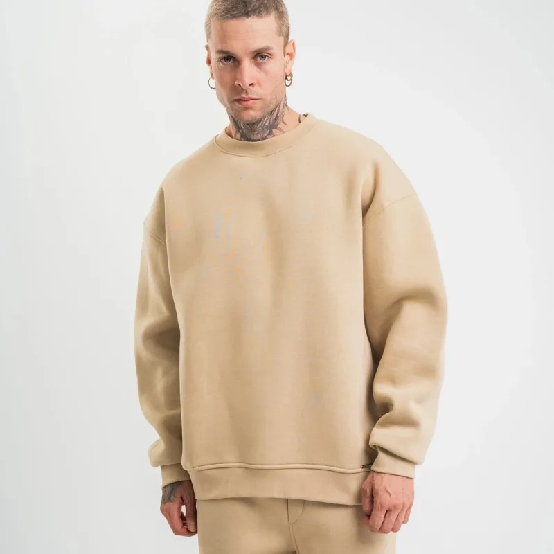 Men's Beige Long Sleeve Crew Neck 3-Thread Cotton Thick Sweatshirt
