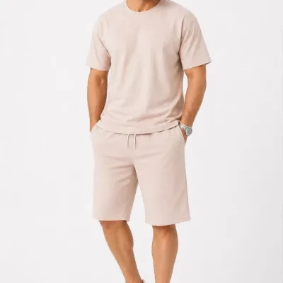 Bărbați Set 2 Piese Oversize Două Fire Țesătură Tricou Șort Set 3