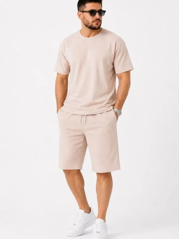 Bărbați Set 2 Piese Oversize Două Fire Țesătură Tricou Șort Set 3