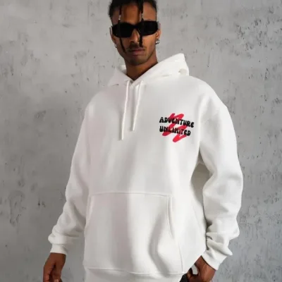 Muški bijeli oversize 3-niti pamučni s kapuljačom tiskani sweatshirt 3