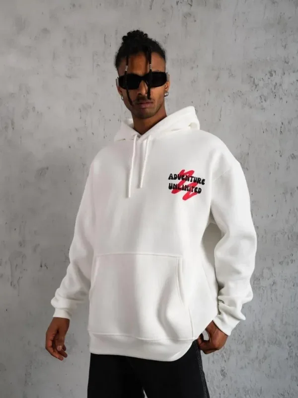 Muški bijeli oversize 3-niti pamučni s kapuljačom tiskani sweatshirt 3