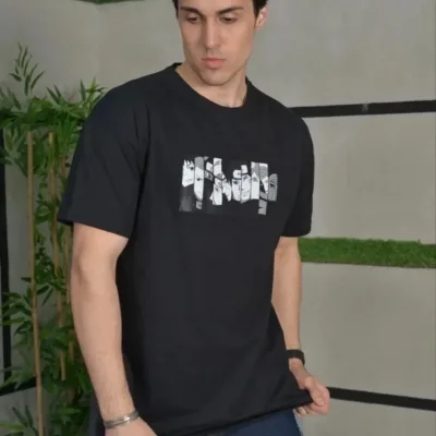 Машки црно Oversize бицикли јака печатена летна маица 2