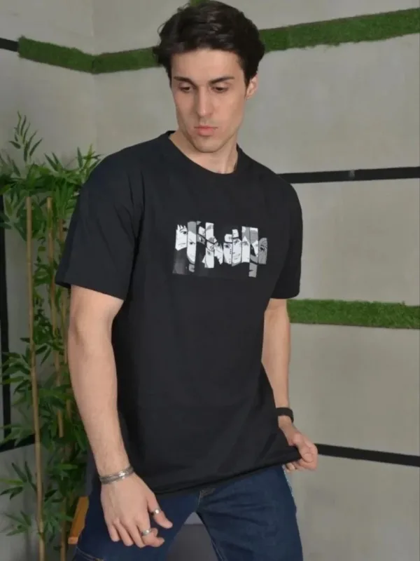 Машки црно Oversize бицикли јака печатена летна маица 2