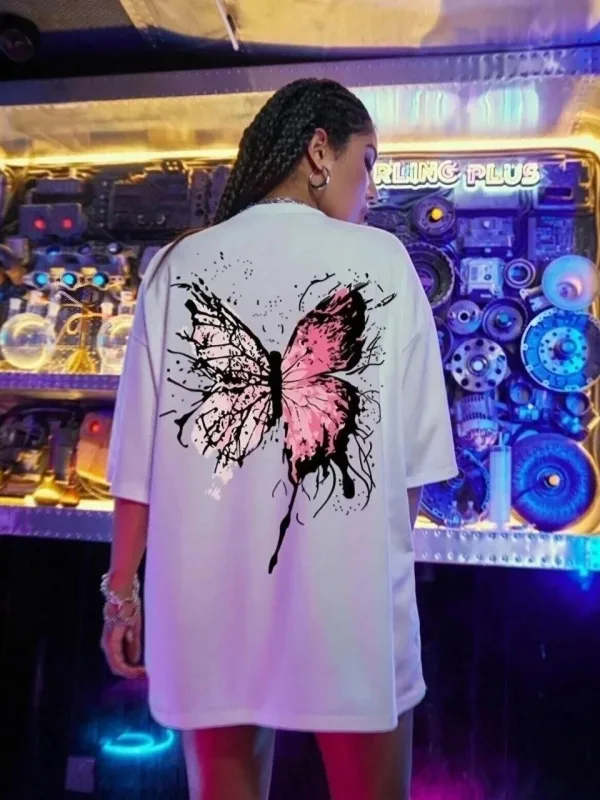 Damski oversize T-shirt biały, nadruk motyl, krótki rękaw 1