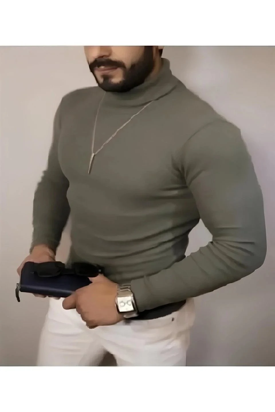 Męski sweter body khaki, golf, prążkowany, z lycry