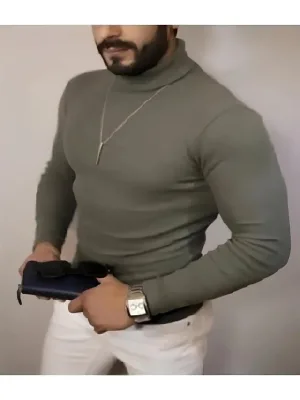 Męski sweter body khaki, golf, prążkowany, z lycry