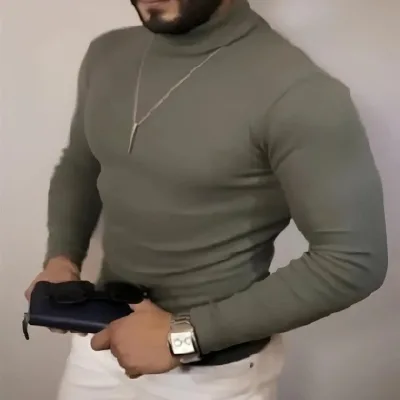 Męski sweter body khaki, golf, prążkowany, z lycry 1