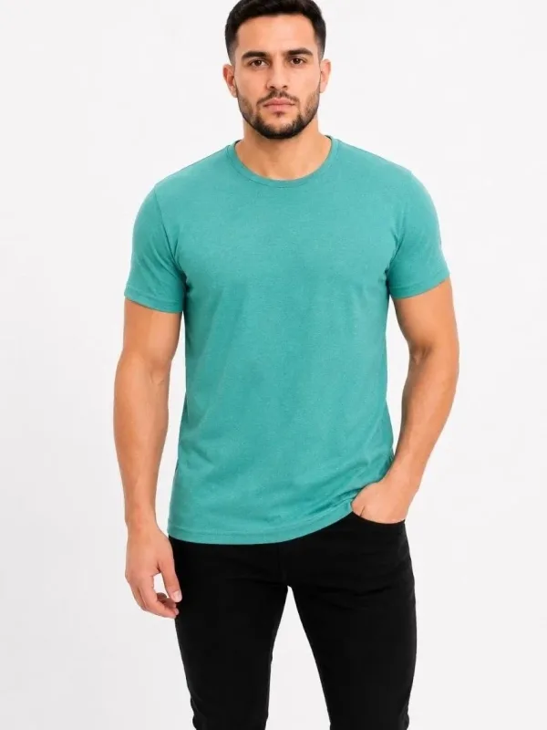 Erkek Su Yeşili Slim Bisiklet Yaka Basic Tişört 2