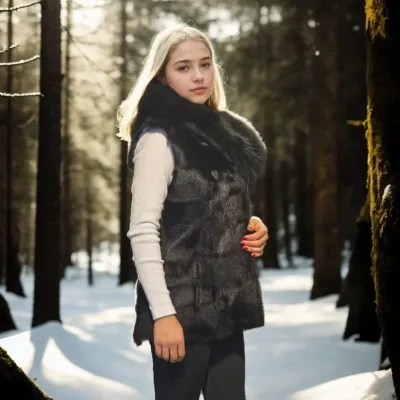 Femeie Neagră Blană Autentică Fără Mâneci Cu Glugă Vestă 3