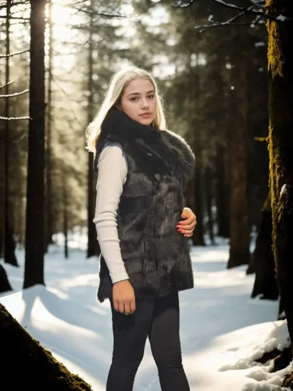 Femeie Neagră Blană Autentică Fără Mâneci Cu Glugă Vestă 3