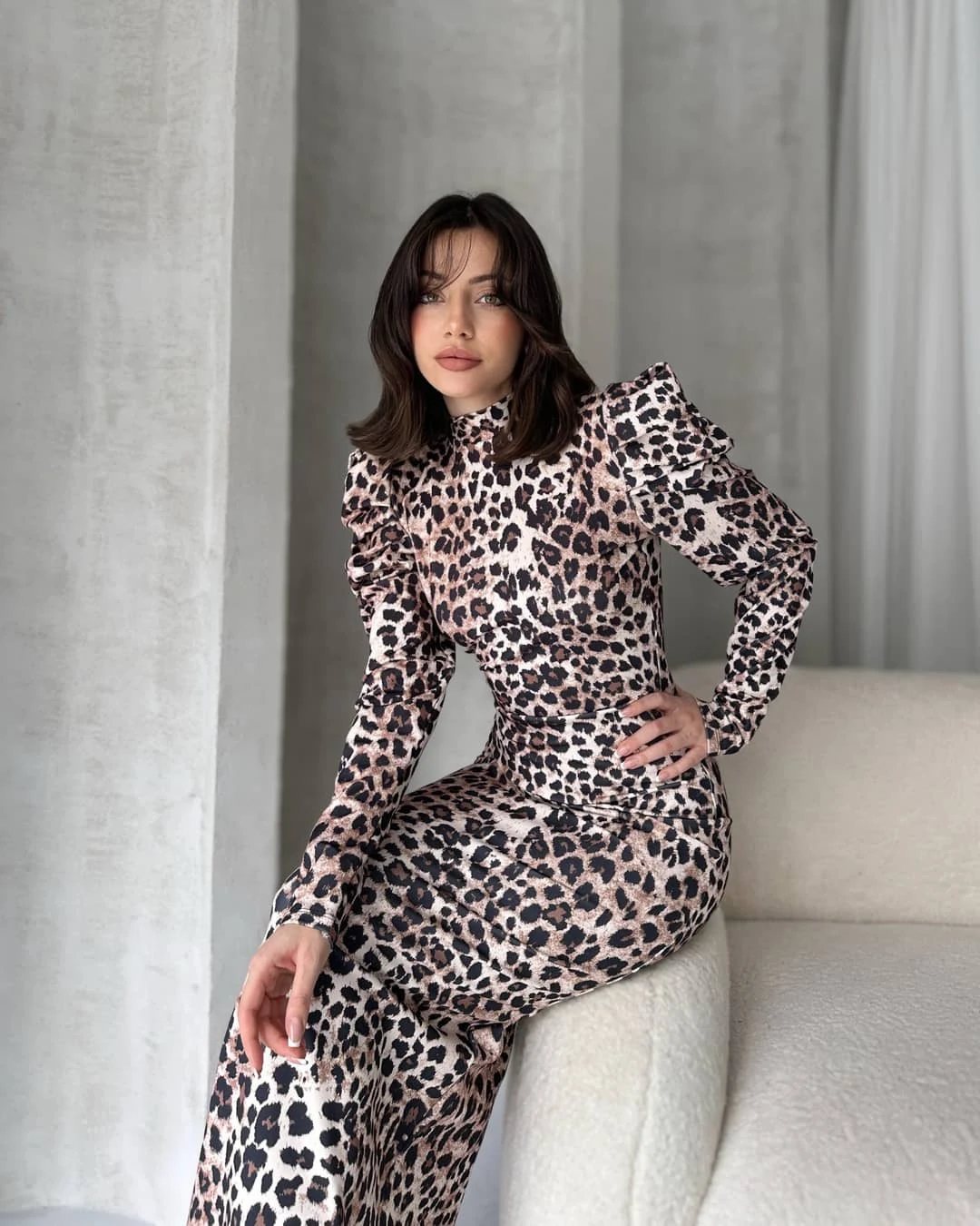 Back Cutout Leopard Pattern Dress Beige