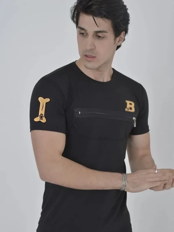 Pánske čierne slim fit bicykel golier hrudný zips potlačené tričko 1