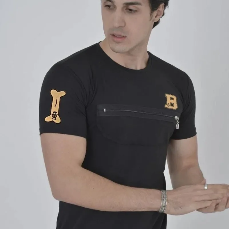 Pánske čierne slim fit bicykel golier hrudný zips potlačené tričko