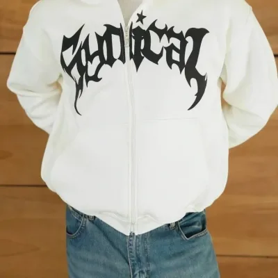 Barbat Alb Oversize Fermoar Glugă Imprimeu Bumbac Sweatshirt 3