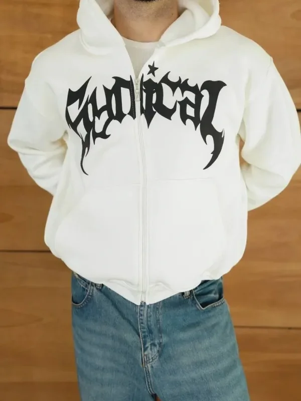 Barbat Alb Oversize Fermoar Glugă Imprimeu Bumbac Sweatshirt 3