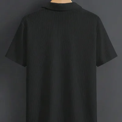 Erkek Siyah Oversize Fitilli Pamuklu Polo Yaka Tişört 2