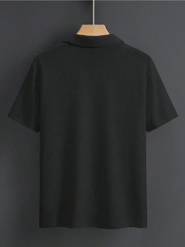 Erkek Siyah Oversize Fitilli Pamuklu Polo Yaka Tişört 2