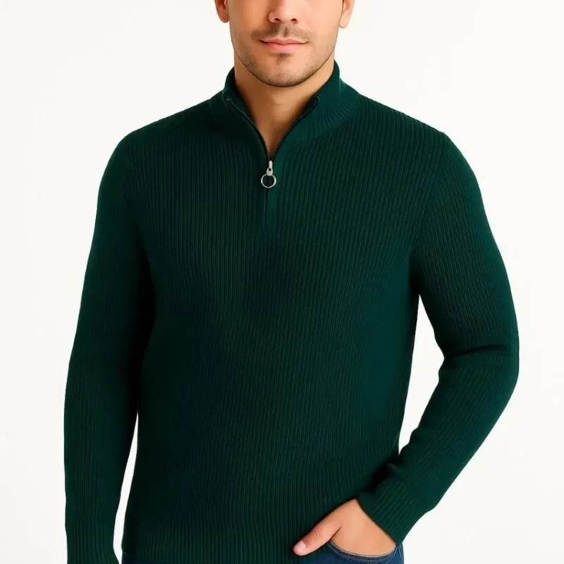 Pánský khaki regular fit svetr s polovičním zipem a stojáčkem z bavlny