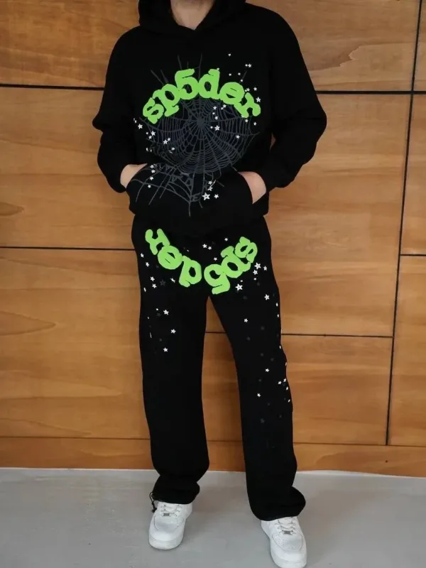 Men's Black Spider Web Print Hooded Tracksuit Set