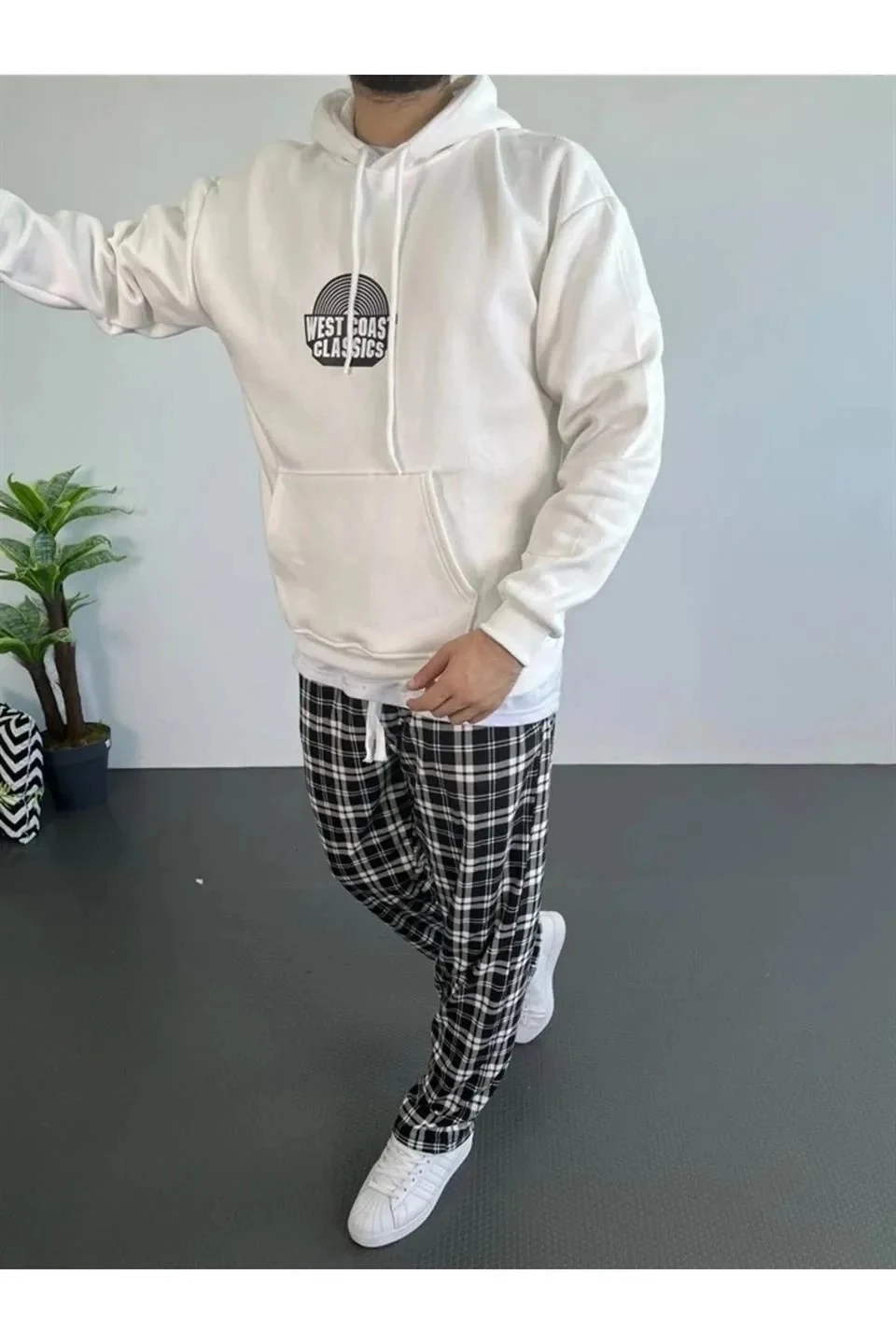 Men's White Oversize 3-Thread Cotton Hooded Printed Pocket Sweatshirt