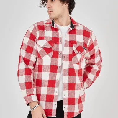 Męski Różowy Regular Fit Szardonowana Kraciasta Długi Rękaw Koszula Flanelowa 8