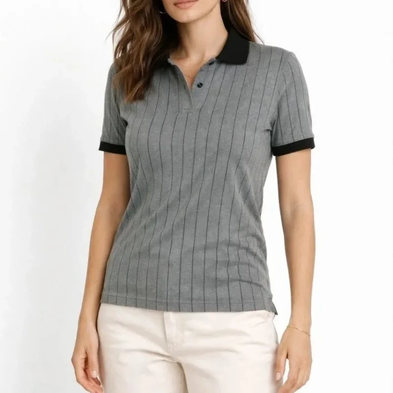 Women's Gray Striped Polo Neck Short Sleeve Button T-Shirt