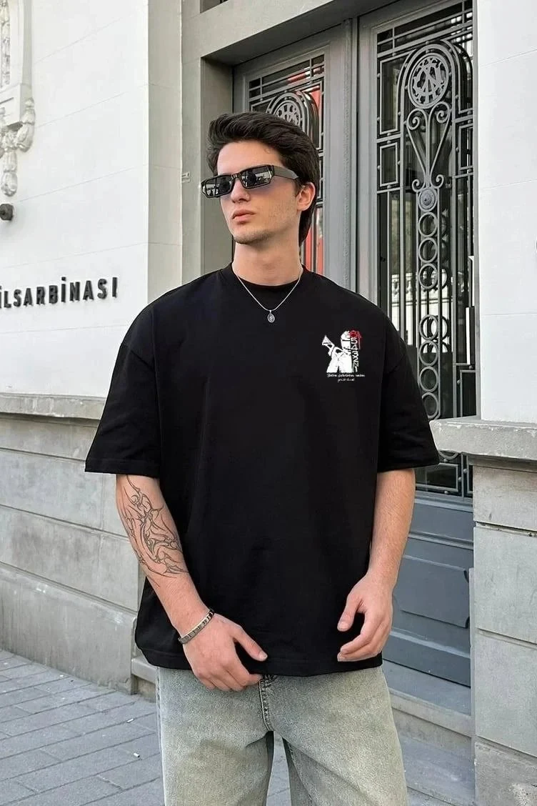 Ανδρικό Λευκό Oversize Στρογγυλή Λαιμόκοψη Τυπωμένο Καλοκαιρινό T-Shirt