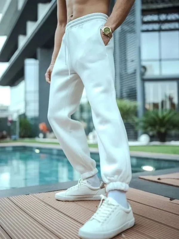 Men's White 3-Thread Cotton Elastic Cuffed Pocket Sweatpants 3