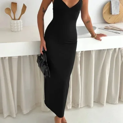 Femeie Rochie Neagră Elegantă, Lungă, cu Decolteu în V, Mulate, de Seară 3