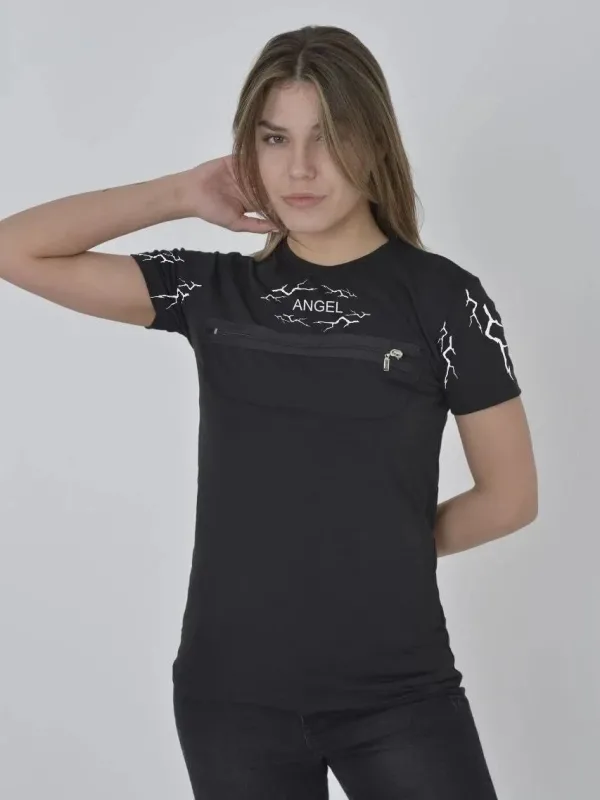 Ženska crna bicikli kragna grudni rajsferšlus štampana majica 1