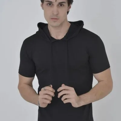 Женска Црна Slimfit Бициклет Јака Качулка Кратки Ракави T-маица 1