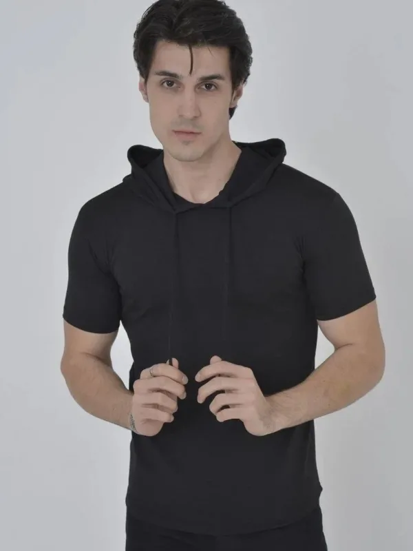Женска Црна Slimfit Бициклет Јака Качулка Кратки Ракави T-маица 1