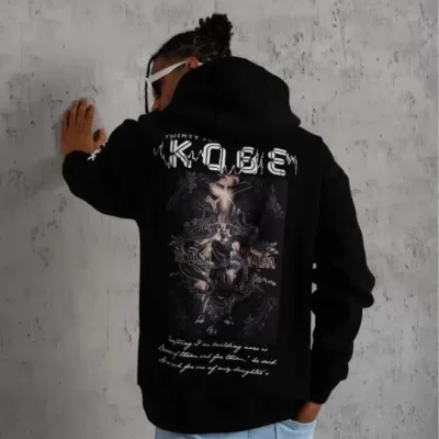 Burrë i zi Oversize 3 fije pambuk me kapuç kanguri të printuar Sweatshirt 4