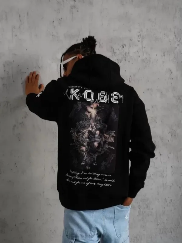 Burrë i zi Oversize 3 fije pambuk me kapuç kanguri të printuar Sweatshirt 4