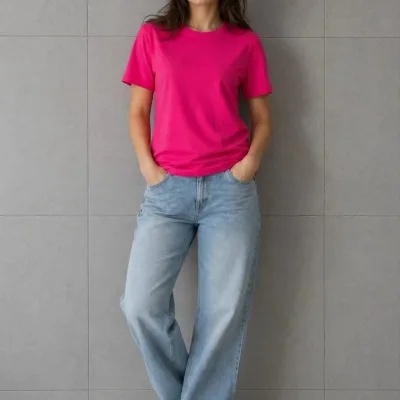 Női Fukszia Relaxed Fit Kerékpárnyakú Pamut Póló 3
