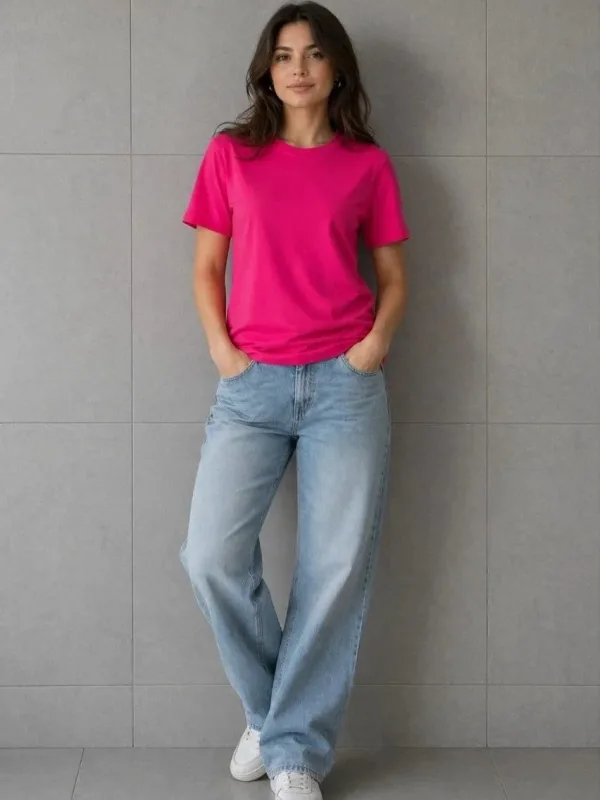 Női Fukszia Relaxed Fit Kerékpárnyakú Pamut Póló 3