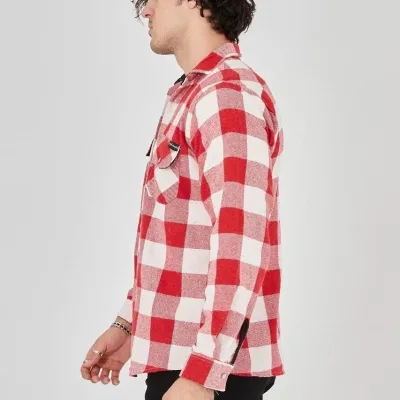 Férfi Piros Regular Fit Kockás Bolyhozott Hosszú Ujjú Favágó Ing 2