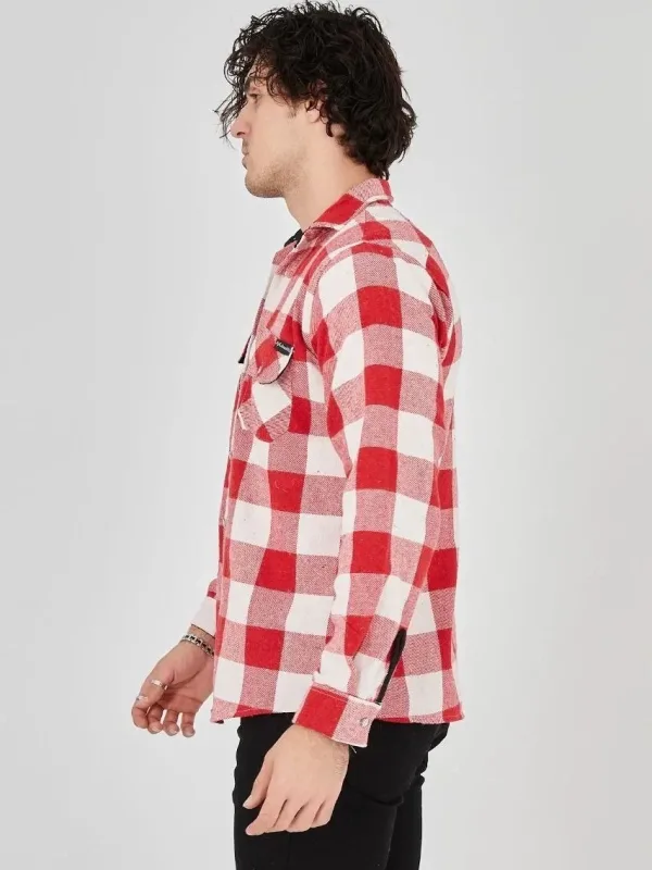 Férfi Piros Regular Fit Kockás Bolyhozott Hosszú Ujjú Favágó Ing 2