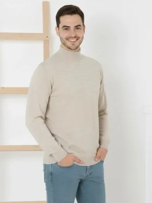 Férfi Krém Fél Magas Nyakú Vékony Textúrájú Pamut Kötött Pulóver