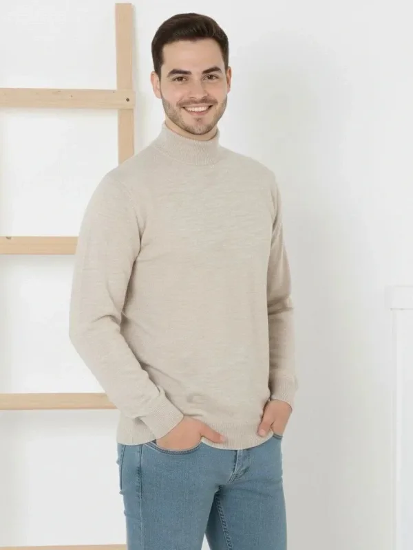 Férfi Krém Fél Magas Nyakú Vékony Textúrájú Pamut Kötött Pulóver 1