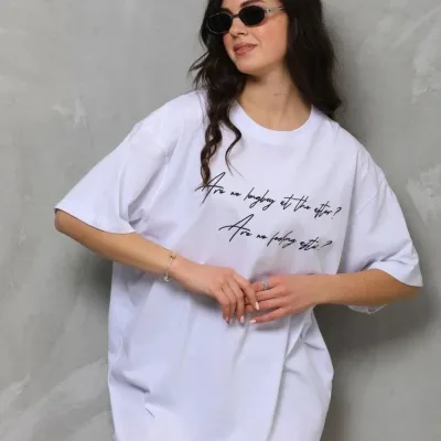 Γυναικείο Λευκό Oversize Ποδηλατόλαιμο Τυπωμένο Κοντό Μανίκι Μπλουζάκι 2