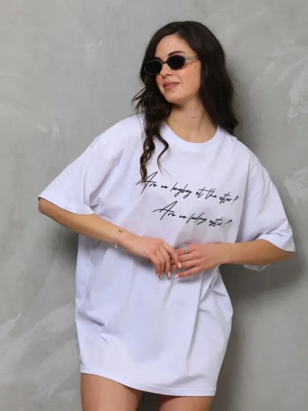 Γυναικείο Λευκό Oversize Ποδηλατόλαιμο Τυπωμένο Κοντό Μανίκι Μπλουζάκι 2