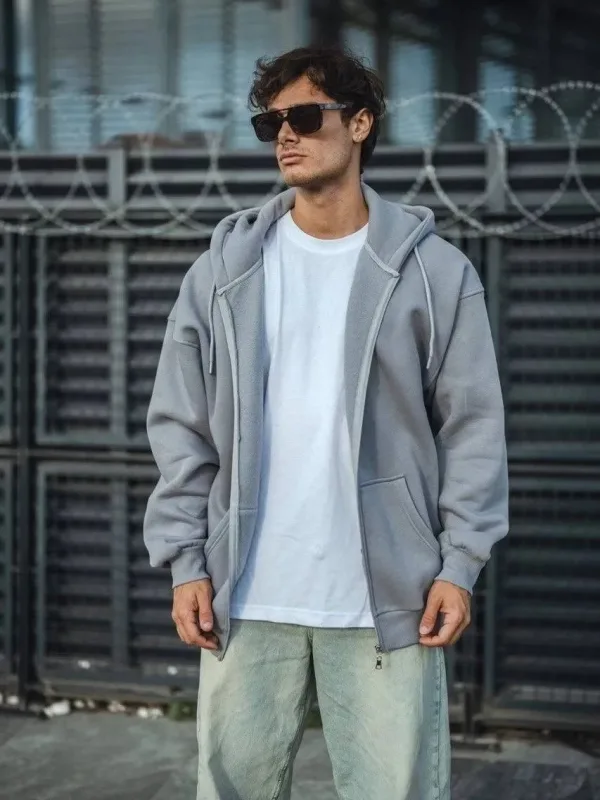 Maschio Grigio Felpa in Cotone 3 Capo con Cappuccio e Cerniera Completa 2