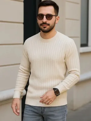Masculin Bej Regular Fit Guler Bicicleta Bumbac Canelat Tricot Pulover