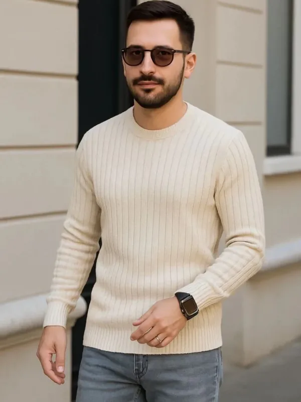 Masculin Bej Regular Fit Guler Bicicleta Bumbac Canelat Tricot Pulover 1