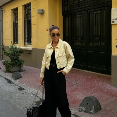 Çift Cep Denim Crop Ceket Bej 1
