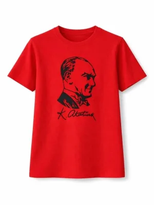 Devojčica Crvena Okrugli Izrez Ataturk Print Majica