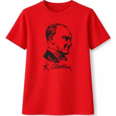 Devojčica Crvena Okrugli Izrez Ataturk Print Majica 1
