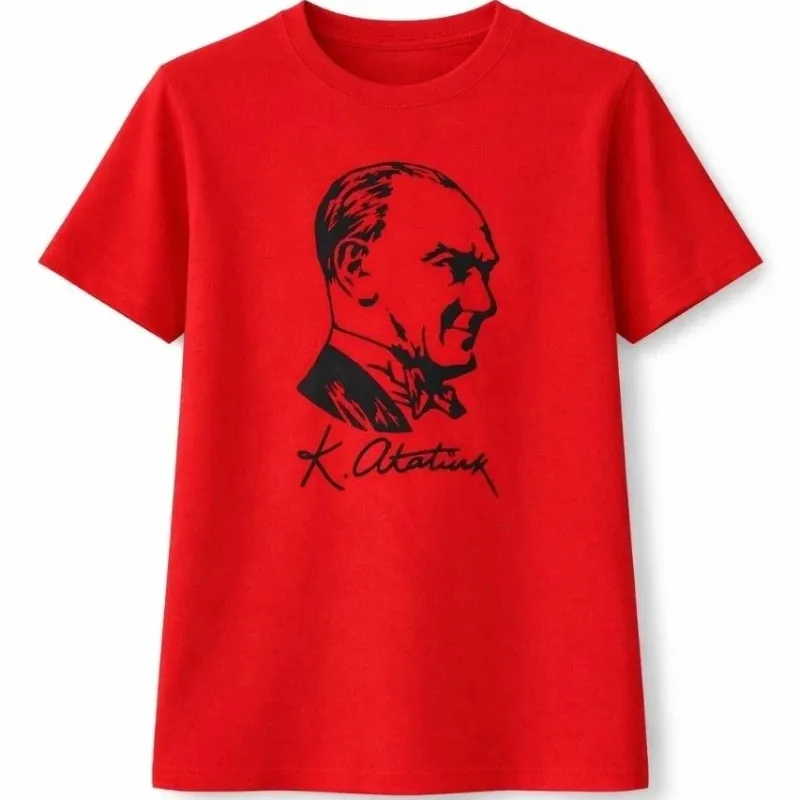 Devojčica Crvena Okrugli Izrez Ataturk Print Majica